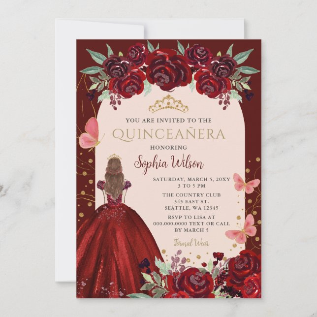 Invitación Princesa floral de oro de Borgoña Quinceañera Quin (Anverso)