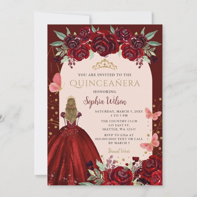 Invitación Princesa floral de oro de Borgoña Quinceañera Quin (Anverso)