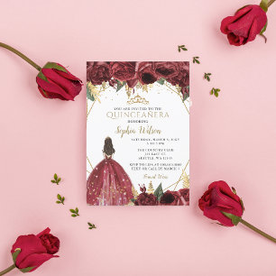 Invitación Princesa floral de oro de Borgoña Quinceañera Quin