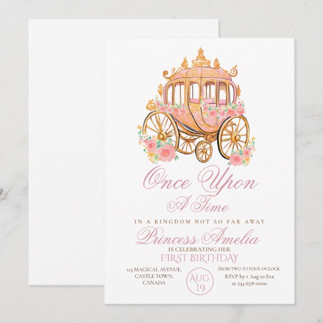 Invitación Princesa Floral de Oro Elegante Primer Cumpleaños (Anverso / Reverso)