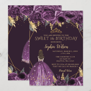 Invitación Princesa Floral de oro morado dulce 16