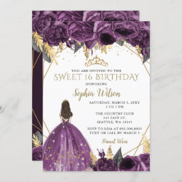 Invitación Princesa Floral de oro morado dulce 16