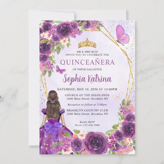 Invitación Princesa Floral de oro morado oscuro Quinceañera (Anverso)