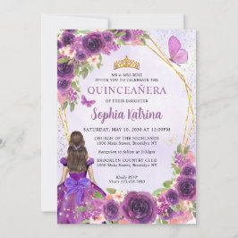 Invitación Princesa Floral de oro morado oscuro Quinceañera