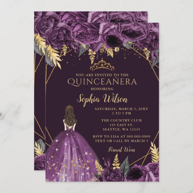 Invitación Princesa floral de oro morado Quinceañera Invitati (Anverso / Reverso)
