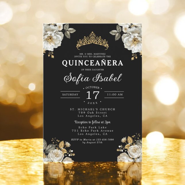 Invitación Princesa floral de oro negro Quinceanera (Subido por el creador)