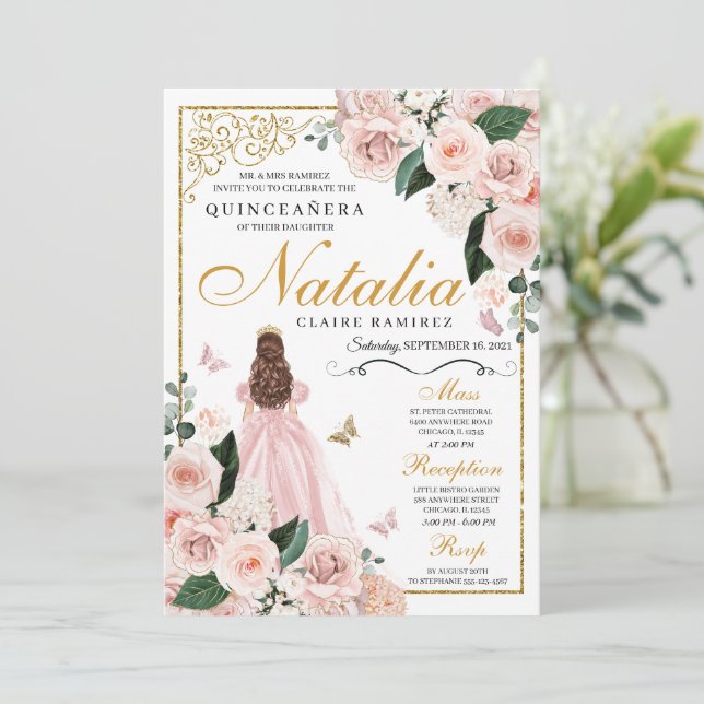 Invitación Princesa Floral de oro rosa de Rubor Quinceanera (Anverso de pie)