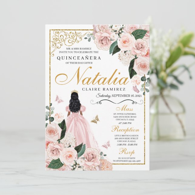 Invitación Princesa Floral de oro rosa de Rubor Quinceanera (Anverso de pie)