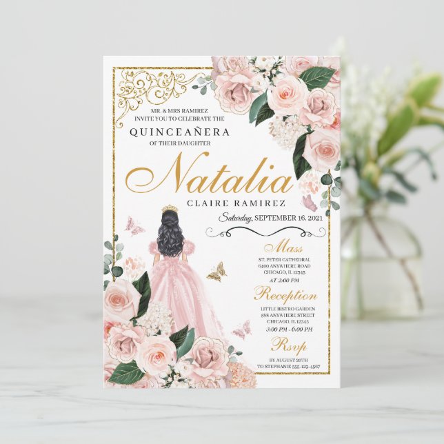 Invitación Princesa Floral de oro rosa de Rubor Quinceanera (Anverso de pie)