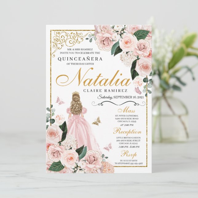 Invitación Princesa Floral de oro rosa de Rubor Quinceanera (Anverso de pie)