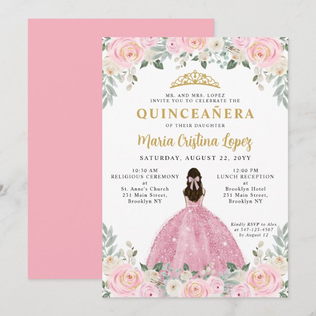 Invitación Princesa Floral de oro rosa de Rubor Tiara Quincea (Anverso / Reverso)