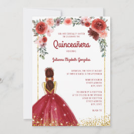 Invitación Princesa floral de oro rosado de Borgoña Quinceane