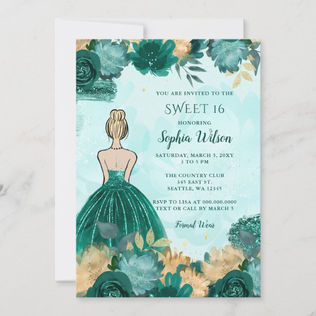Invitación Princesa floral de oro turquesa verde azulada 16 (Anverso)