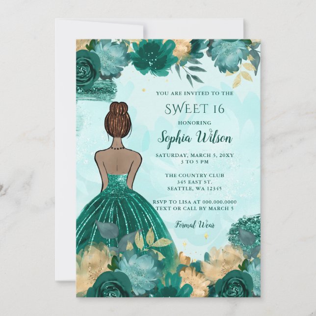 Invitación Princesa floral de oro turquesa verde azulada 16 (Anverso)