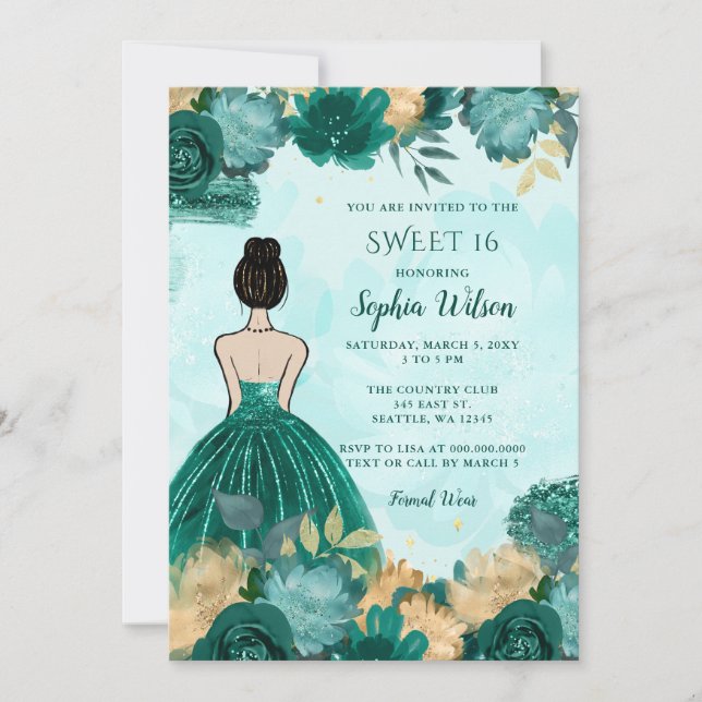 Invitación Princesa floral de oro turquesa verde azulada 16 (Anverso)
