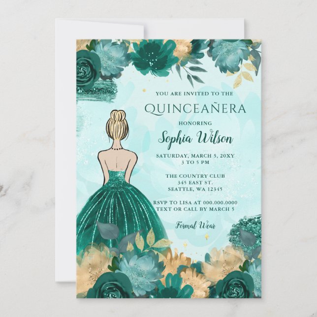Invitación Princesa floral de oro turquesa verde azulada Quin (Anverso)