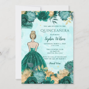 Invitación Princesa floral de oro turquesa verde azulada Quin