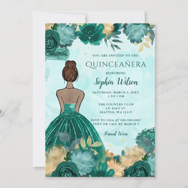 Invitación Princesa floral de oro turquesa verde azulada Quin (Anverso)
