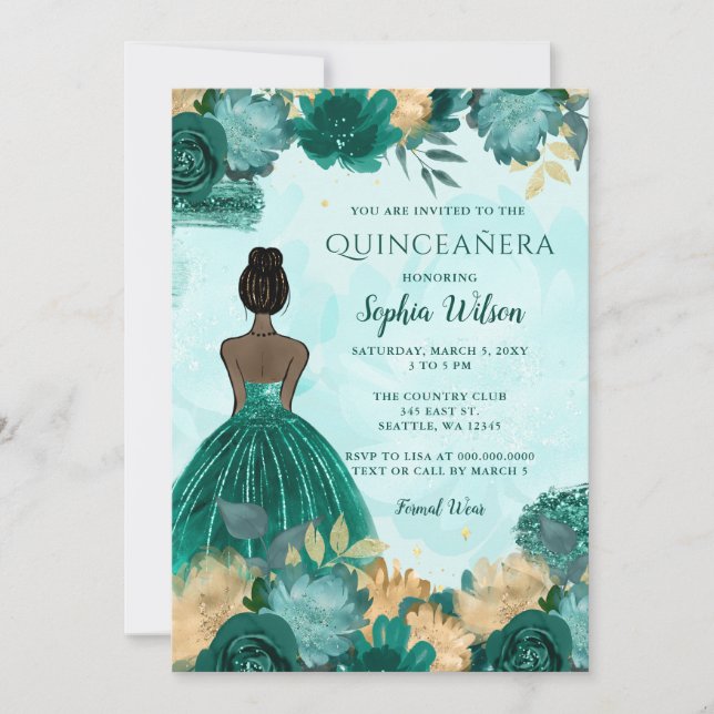 Invitación Princesa floral de oro turquesa verde azulada Quin (Anverso)