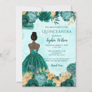 Invitación Princesa floral de oro turquesa verde azulada Quin
