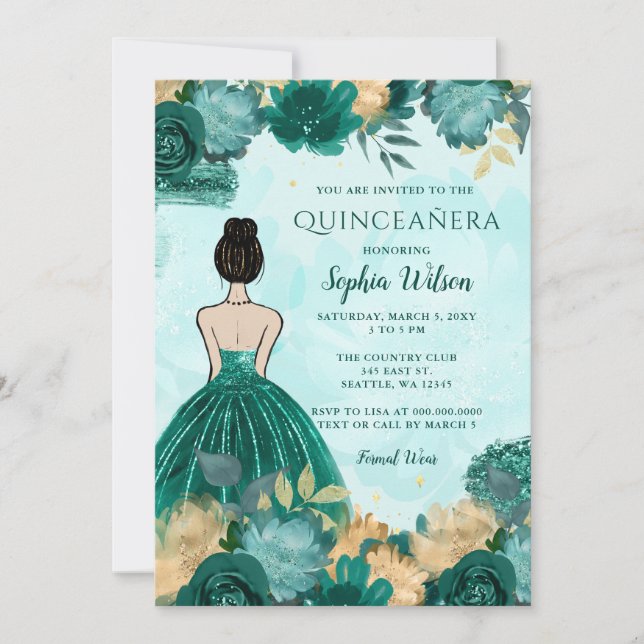 Invitación Princesa floral de oro turquesa verde azulada Quin (Anverso)