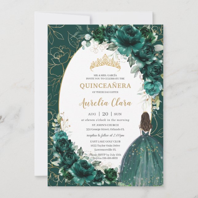 Invitación Princesa floral de oro verde esmeralda de Quinceañ (Anverso)