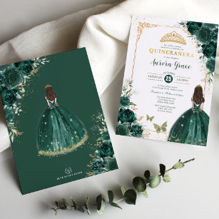 Invitación Princesa floral de oro verde esmeralda de Quinceañ