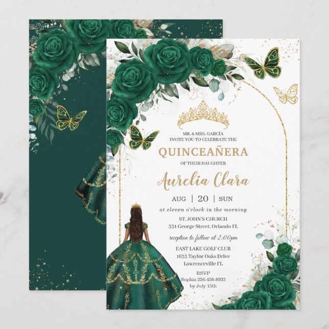 Invitación Princesa floral de oro verde esmeralda Quinceañera (Anverso / Reverso)