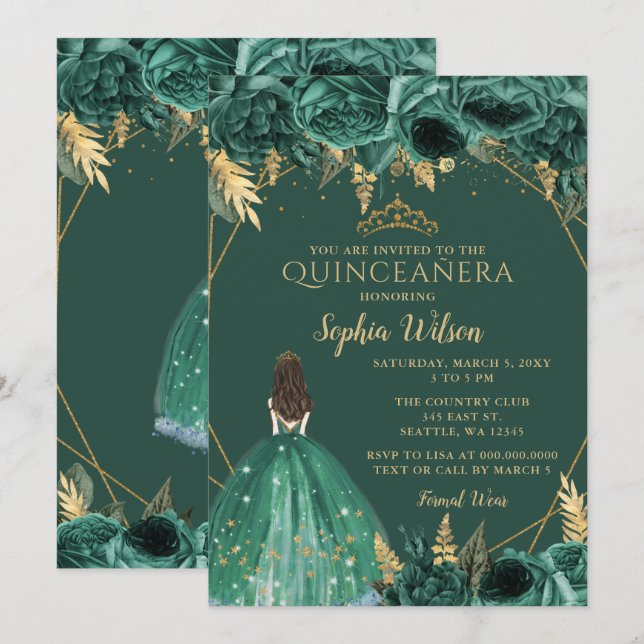Invitación Princesa Floral de oro verde esmeralda Quinceañera (Anverso / Reverso)