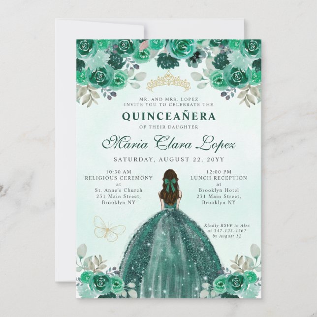 Invitación Princesa floral de oro verde esmeralda Quinceañera (Anverso)