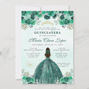 Invitación Princesa floral de oro verde esmeralda Quinceañera