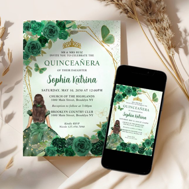 Invitación Princesa floral de oro verde esmeralda Quinceañera (Subido por el creador)