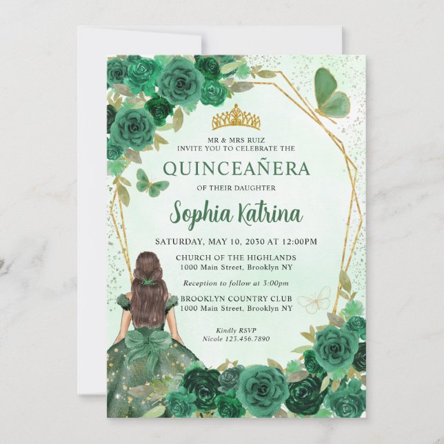 Invitación Princesa floral de oro verde esmeralda Quinceañera (Anverso)