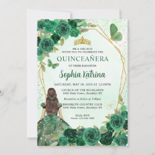 Invitación Princesa floral de oro verde esmeralda Quinceañera