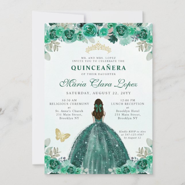 Invitación Princesa floral de oro verde esmeralda Quinceañera (Anverso)