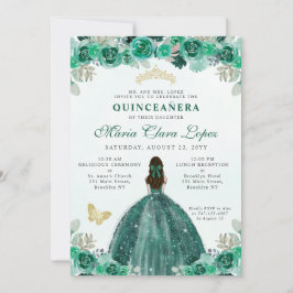 Invitación Princesa floral de oro verde esmeralda Quinceañera