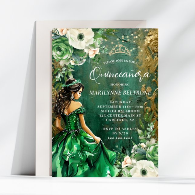 Invitación Princesa Floral de Oro Verde Quinceañera (Subido por el creador)