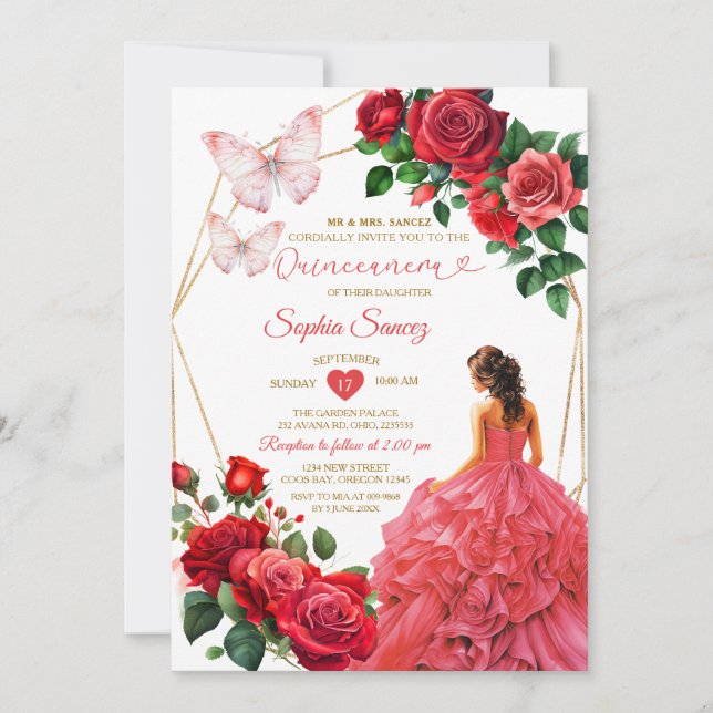 Invitación Princesa Floral de oro y vestido rojo Quinceañera (Anverso)