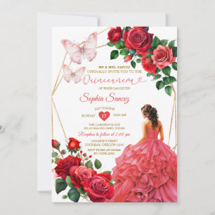 Invitación Princesa Floral de oro y vestido rojo Quinceañera