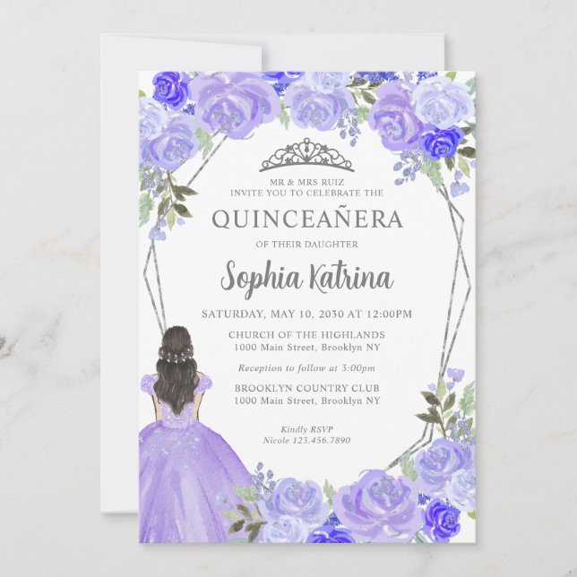 Invitación Princesa Floral De Plata Morada Tiara Quinceañera  (Anverso)