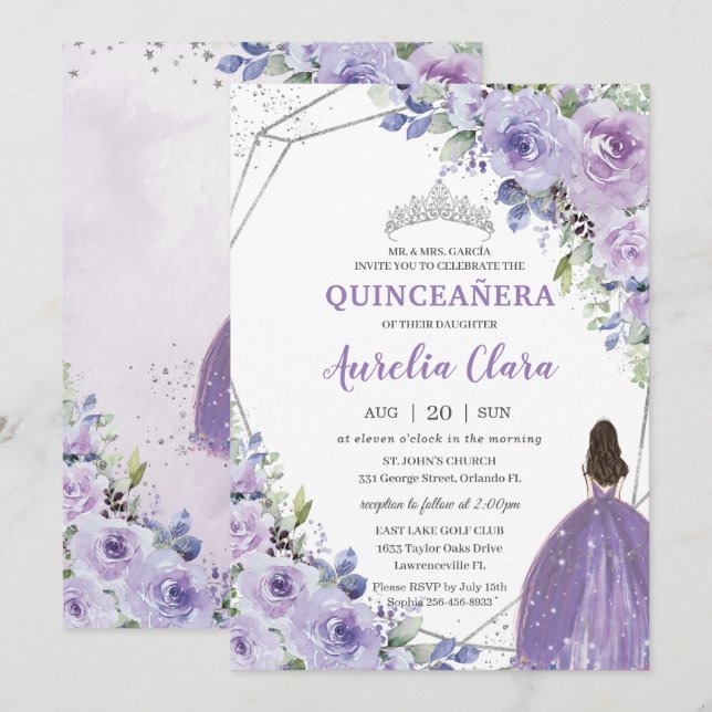 Invitación Princesa Floral de Plata Quinceañera Lavanda Púrpu (Anverso / Reverso)