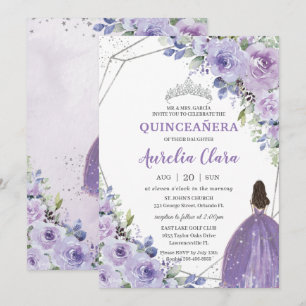 Invitación Princesa Floral de Plata Quinceañera Lavanda Púrpu
