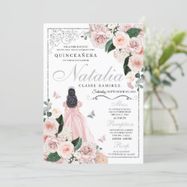 Invitación Princesa floral de plata rosa Rubor Quinceanera