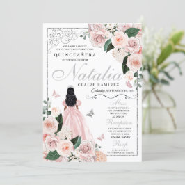 Invitación Princesa floral de plata rosa Rubor Quinceanera