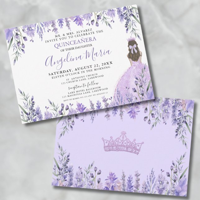 Invitación Princesa Floral de Quinceañera Purple Lilac (Quinceañera Purple Lilac Floral Princess Invitation )