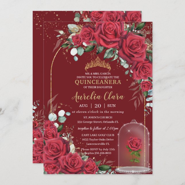 Invitación Princesa floral de rosa roja encantada de Quinceañ (Anverso / Reverso)
