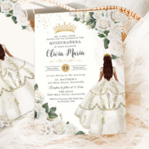 Invitación Princesa Floral de Rosas Blancas Gown Gold Quincea