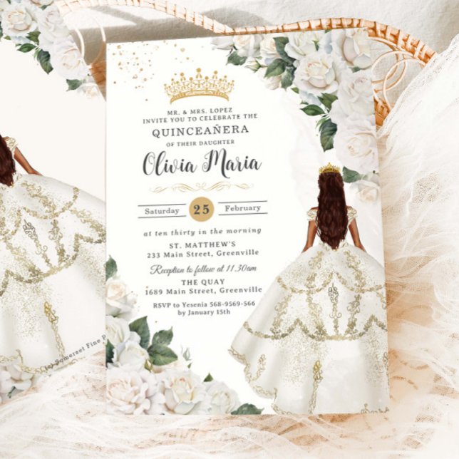 Invitación Princesa Floral de Rosas Blancas Gown Gold Quincea (Subido por el creador)