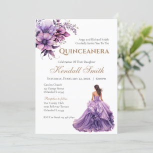 Invitación Princesa floral dorada púrpura Lilac Quinceanera