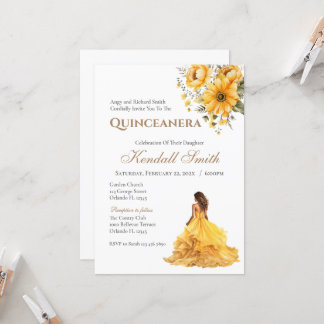 Invitación Princesa floral dorada y amarilla
